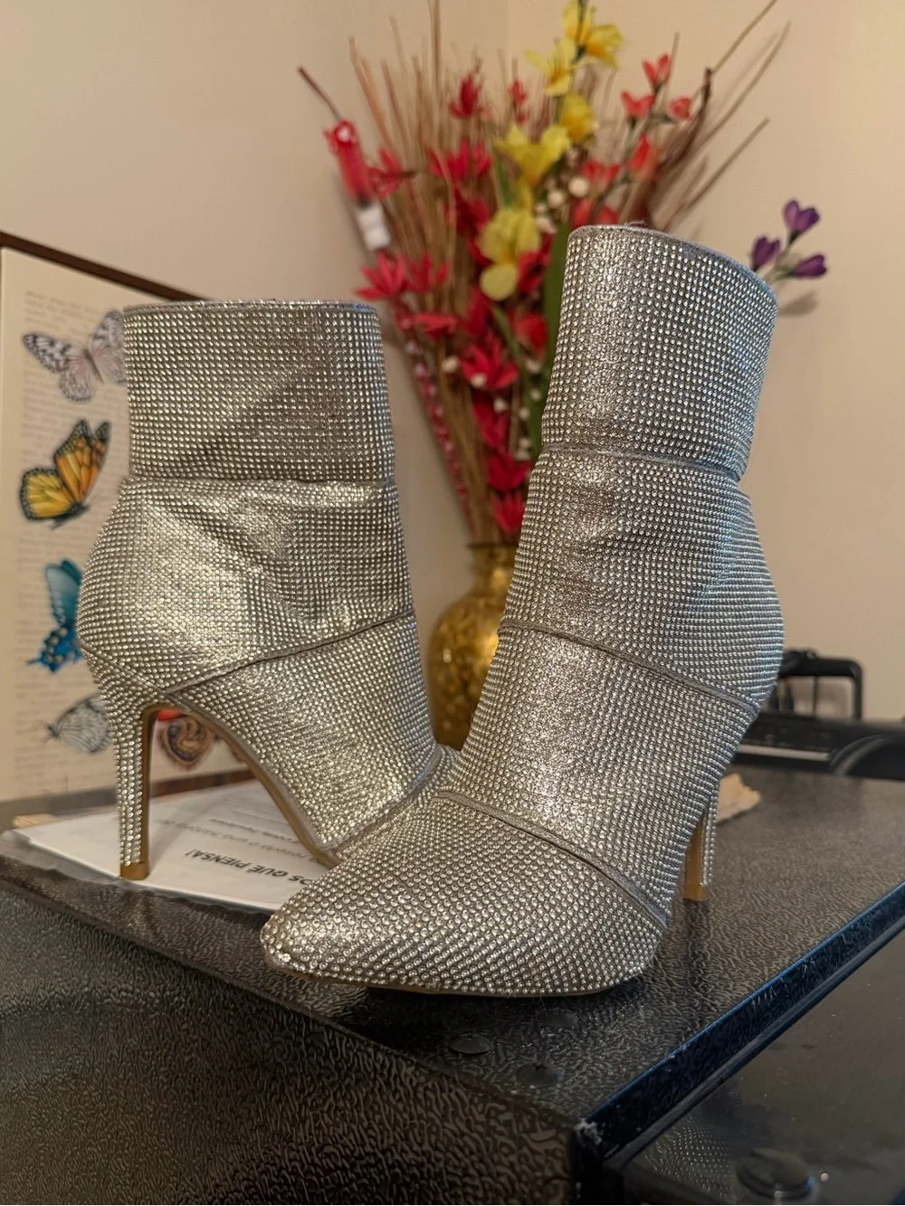 Silver Crystal Pointed Toe Stiletto Ankle Boots - Women's